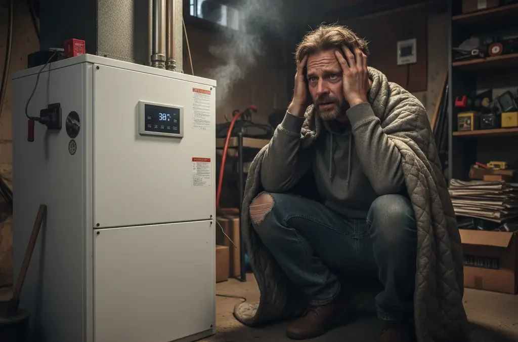 Distraught man looking at his broekn furnace